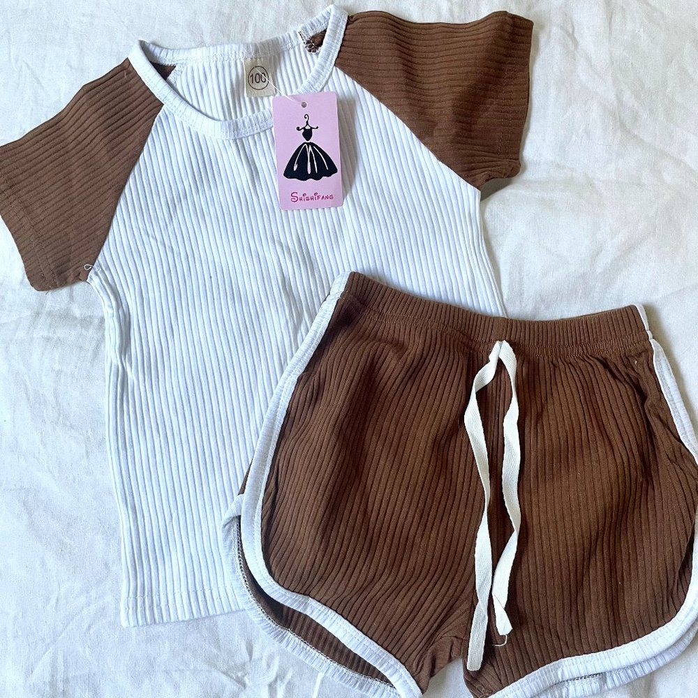 Toddler Retro Ribbed Knit Short Sleeve Set Brown/White 18-24M NWT